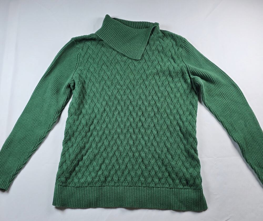 Lands' End Drifter Basketweave Knit Funnel Neck Pullover Green Sweater Size M